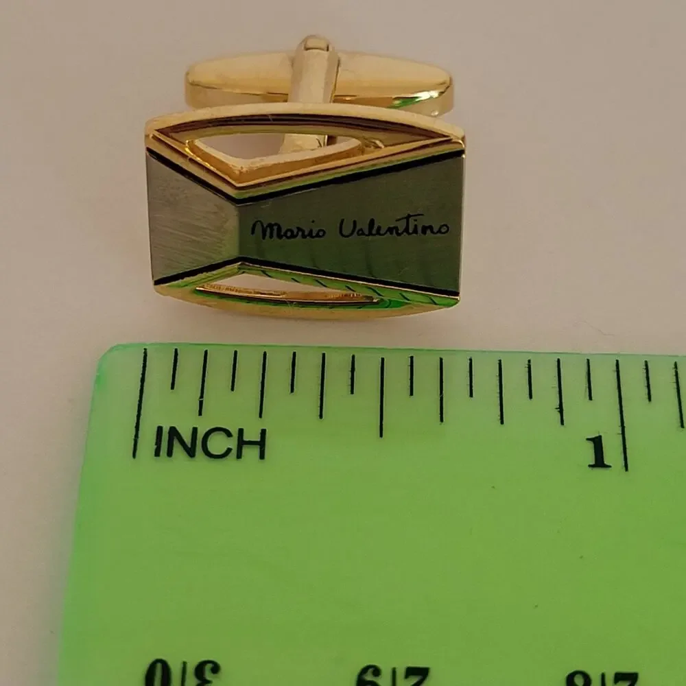 Mario‎ Valentino Gold Silver Tone Logo Cufflinks Geometric Vintage Retro Italian